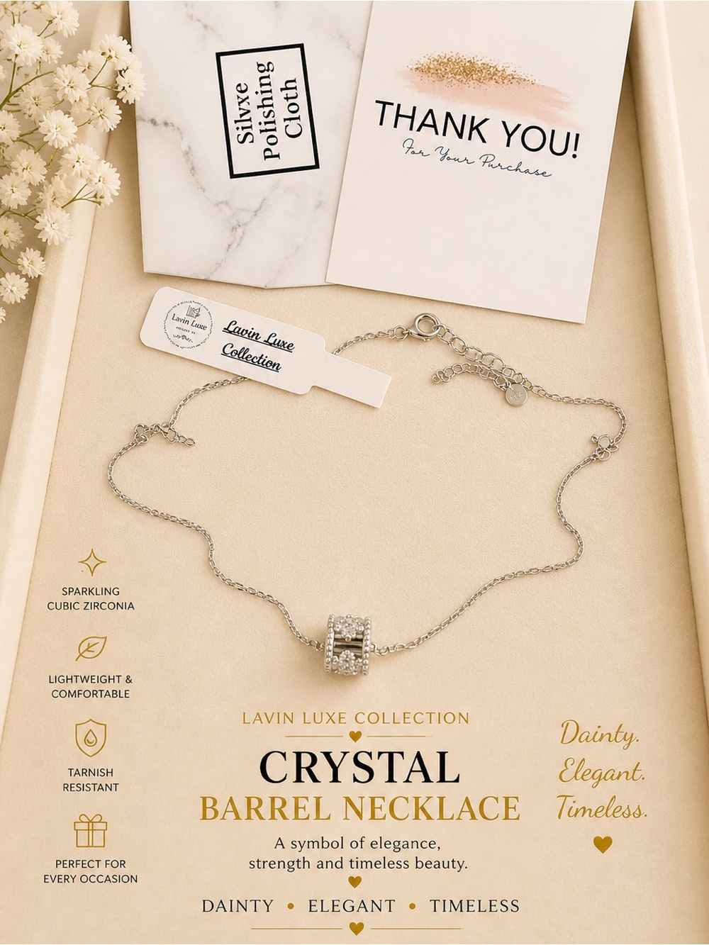 Crystal Barrel Necklace — Silver 925